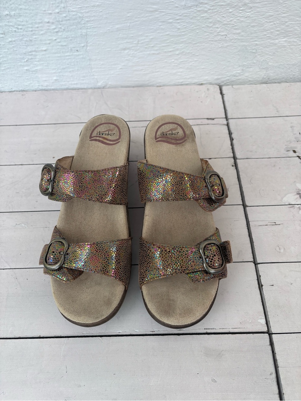 Dansko Iridescent Multi-Color Double Buckle Sandals